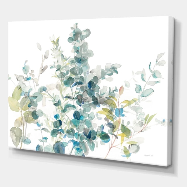 Designart Eucalyptus Natural Element Canvas Wall Art with gallery-wrapped cotton canvas featuring watercolor eucalyptus leaves in blue, green, and yellow tones on white, stretched over a 1.5 inch wood frame, ready to hang and ideal for farmhouse or traditional décor.