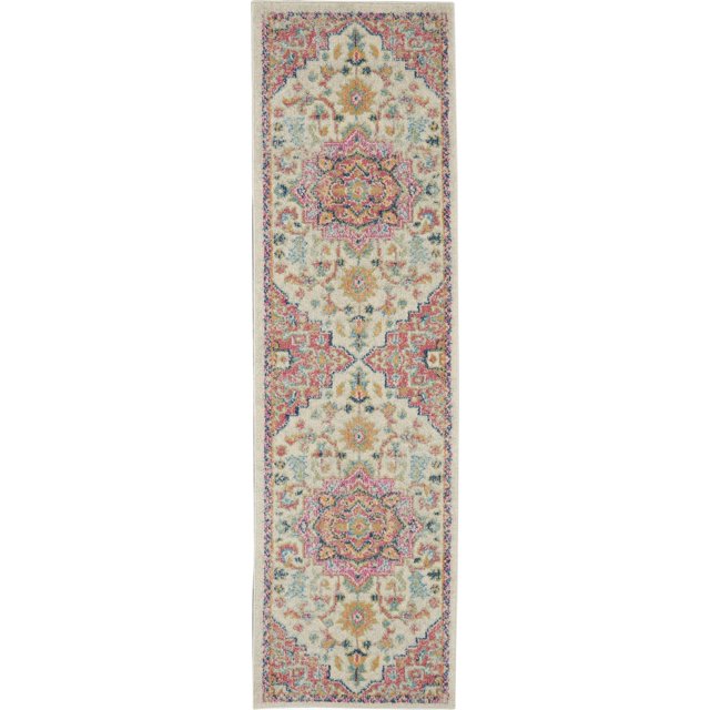 homeroots home decor 385588 2’ x 8’ Ivory and Pink Medallion Scatter Rug