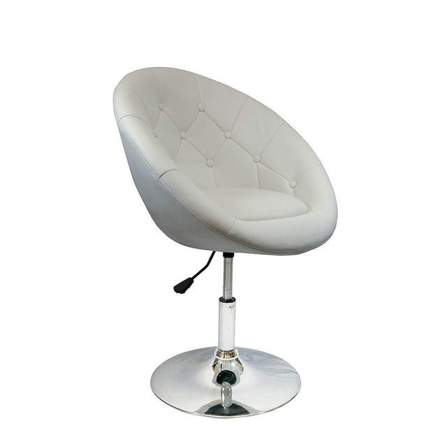 Nicer Furniture Rounded Faux Leather PU Height Adjustable Leisure Swivel Bar Stool in White with button tufted rounded backrest and arm support, chrome bell-shaped base, height adjustable from 17 to 21 inches, and 360-degree swivel mechanism. Suitable for kitchen or dining seating and often used as a stylish desk chair.