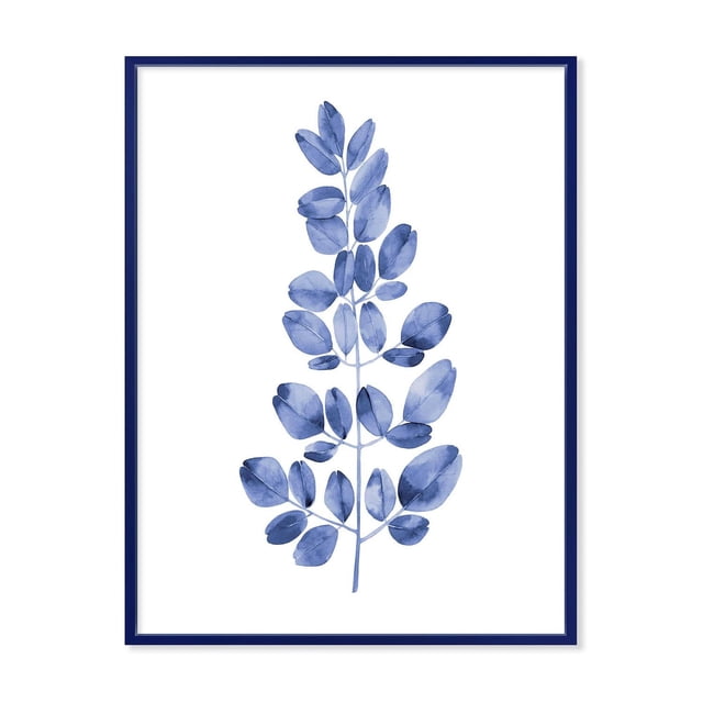 Designart Navy Blue Eucalyptus II FLOAT FRAME WALL ART depicting a centered eucalyptus branch with navy blue oval leaves on premium cotton canvas, gallery-wrapped and stretched over a 1-inch wood sub frame with a navy blue floating frame, printed with fade-resistant ink, ready to hang in home décor.