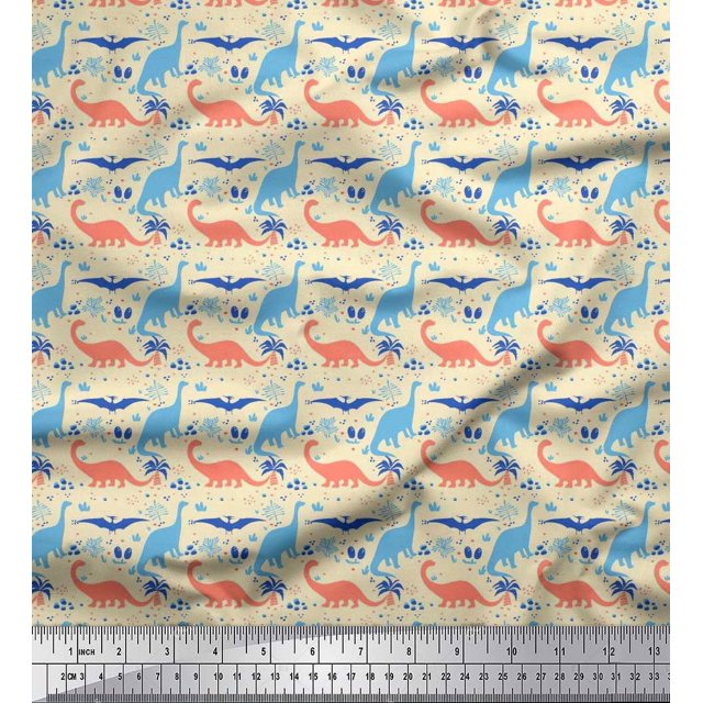Soimoi Japan Crepe Satin Fabric Tree & Dinosaur Animal Print Fabric by The Yard 42 Inch Wide