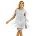 thumbnail image 1 of iEFiEL Robe Mini à Sequins Brillants à Franges pour Femmes en Faux Cuir Col en V Sans Manches Tenue de Danse Samba Argent TTG, 1 of 6