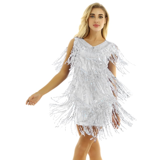 iEFiEL Robe Mini à Sequins Brillants à Franges pour Femmes en Faux Cuir Col en V Sans Manches Tenue de Danse Samba Argent TTG