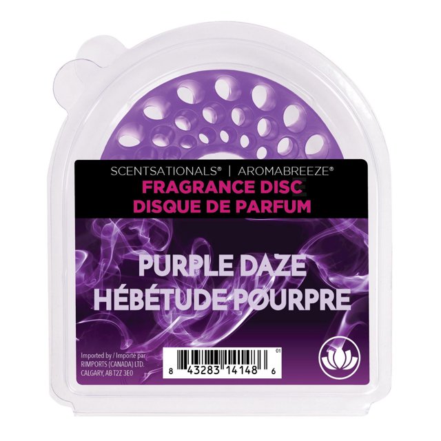 ScentSationals AromaBreeze Fragrance Disc - Purple Daze in a clear plastic case with a purple perforated disc, labeled in English and French, designed for plug-in air fresheners to fill home spaces with long-lasting fruity and floral scents using Vortex technology.