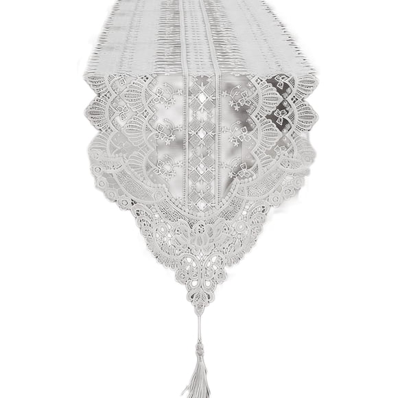 Eoozwa 70.8x13.8 Inch White Lace Table Runner Mesh Embroidery Hollow Design for Dining Coffee Table Decoration, Polyester Long Tablecloth with Border, Elegant Home Accent