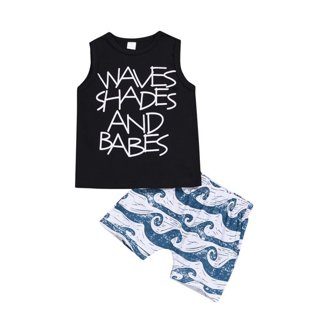 EYIIYE Bébé Été Débardeur Sans Manches Imprimé Lettre + Shorts Imprimé Vague