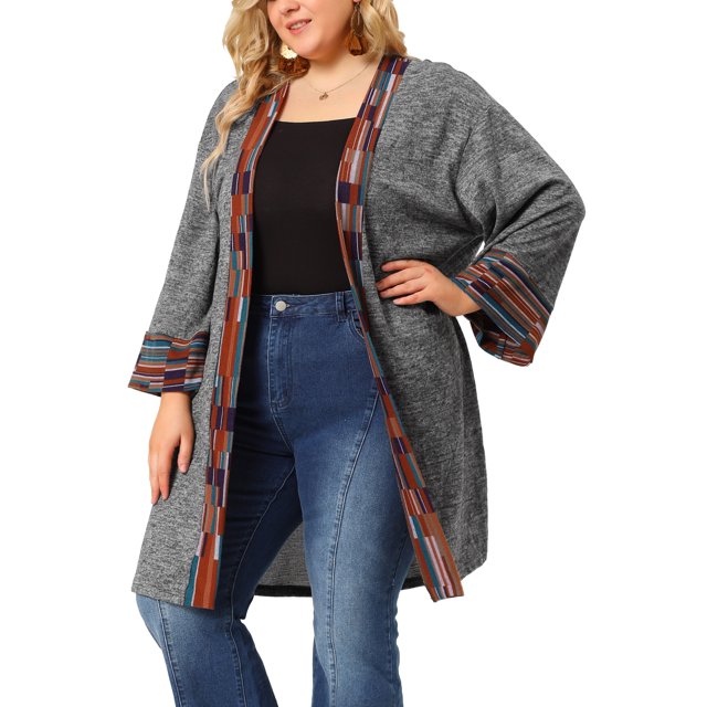 GRACE & GRANDEUR Women's Plus Size Color Contrast 3/4 Sleeves Open Front Cardigan