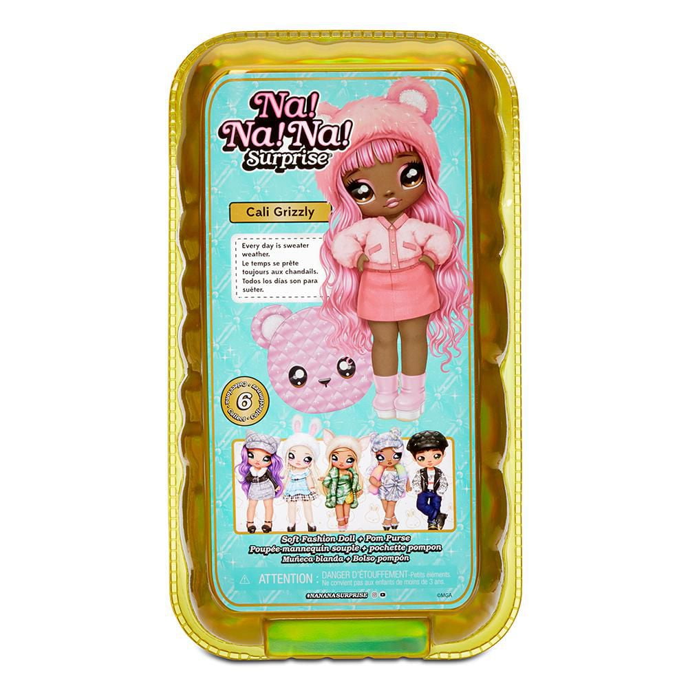 Poupée-mannequin Na Na Na Surprise 2 en 1 et sac à main métallique de la série Glam - Cali Grizzly, poupée aux cheveux roses avec un sac à main ourson rose