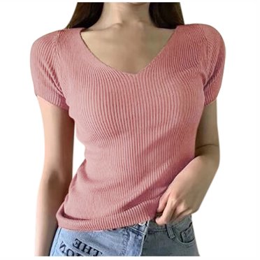XZNGL Fashion Women Knitted V-Neck Short Sleeve Ladies Solid Top T-Shirt