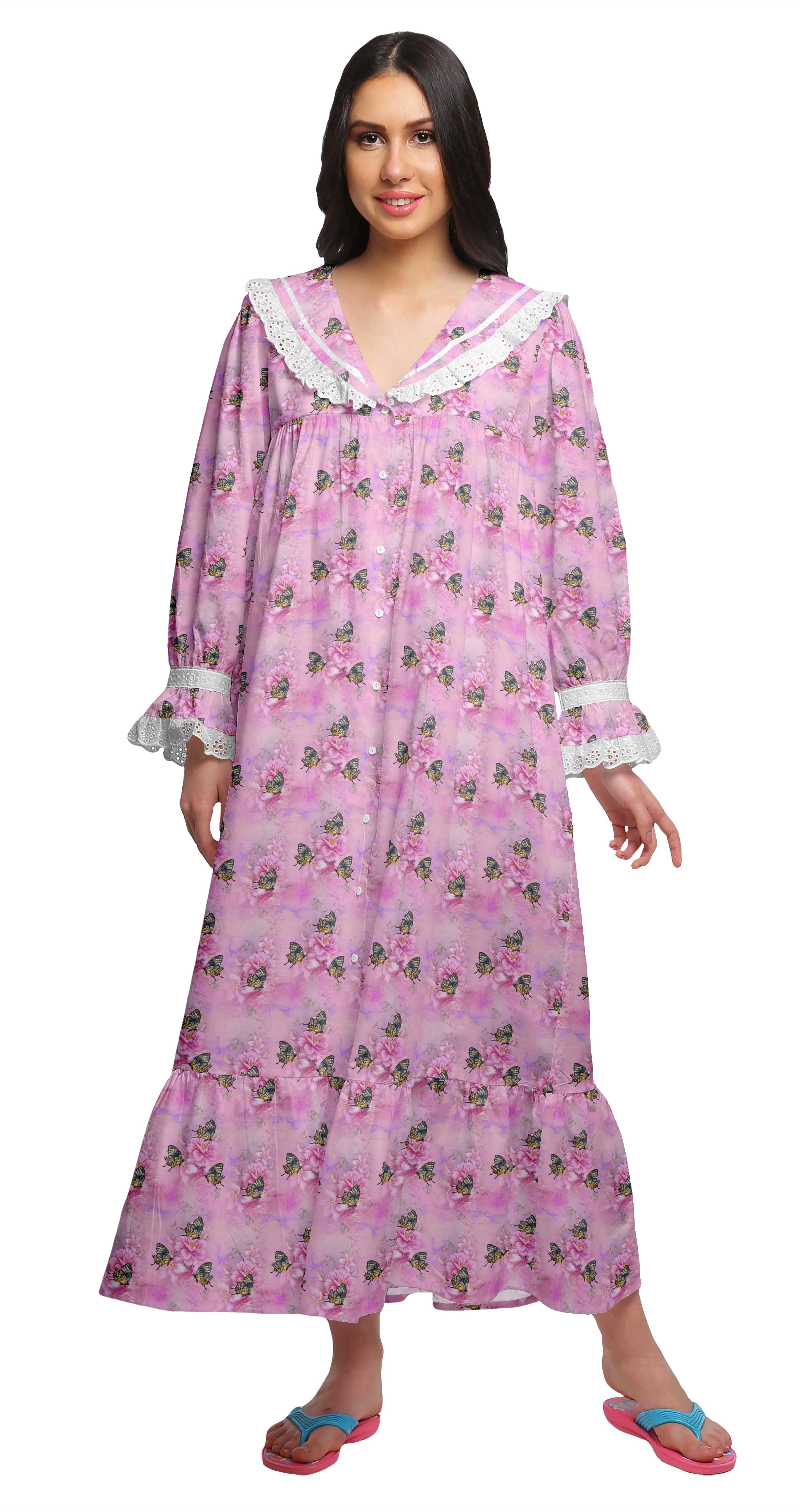 Moomaya Printed V-Neck Sleepwear Cotton Ruffled Border WoMen's Maxi Nightdress