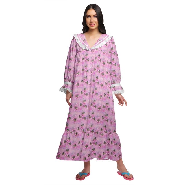 Moomaya Chemise de Nuit Maxi Boutonnée à Manches Longues Imprimée en Coton pour Femmes