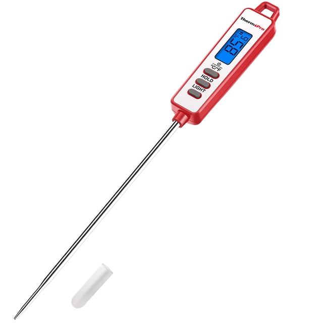 ThermoPro TP01AW Digital Meat Thermometer with long 5.3-inch stainless steel probe and red handle, designed for grilling, BBQ, and kitchen use. Features a blue backlit LCD display, temperature hold button, and light function. Includes a white silicone probe cover.