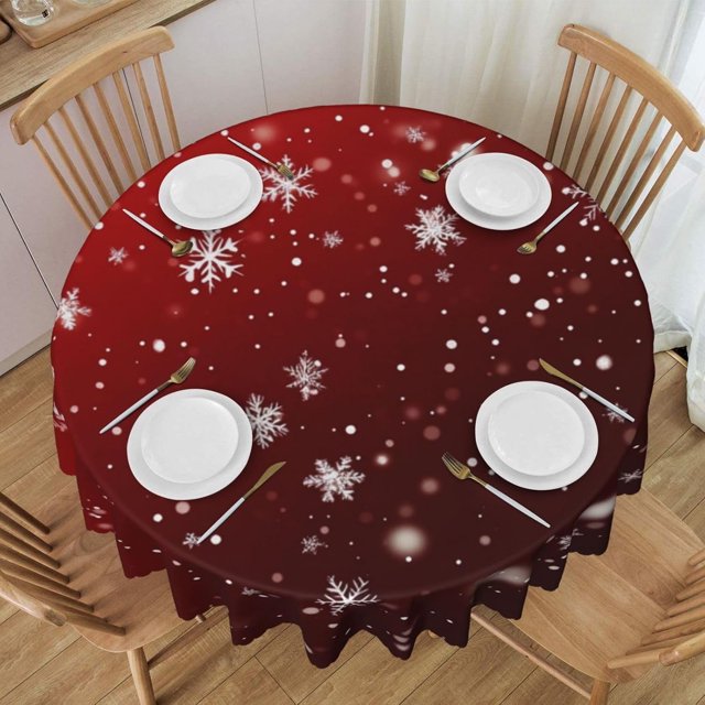 Round Tablecloth Snowflake Red Christmas Winter 60 Inch Table Cover for Dining Polyester Cloth with Scalloped Edges Stain Resistance Kitchen Picnic Party Restaurant Decoration