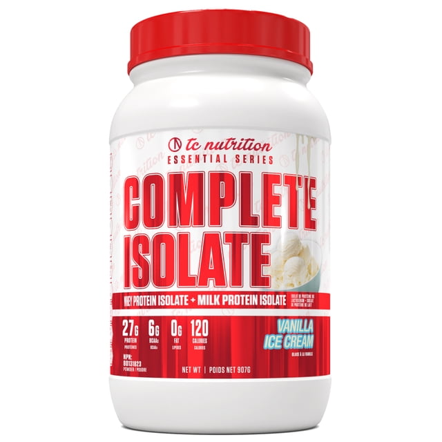 Complete Isolate Isolat de Protéines de Lactosérum + Poudre d'Isolat de Protéines de Lait à Saveur de Crème Glacée à la Vanille, Contenant de 2 Lb avec 28 Portions. Contient 27 g de Protéines par Portion, Zéro Gras, Zéro Sucre et Faible en Glucides. Fait à Partir d'Isolat de Protéines de Lactosérum Nourri à l'Herbe, Sans pesticides, Antibiotiques et rBST/rBGH. Conçu pour la Croissance Musculaire et la Récupération après L