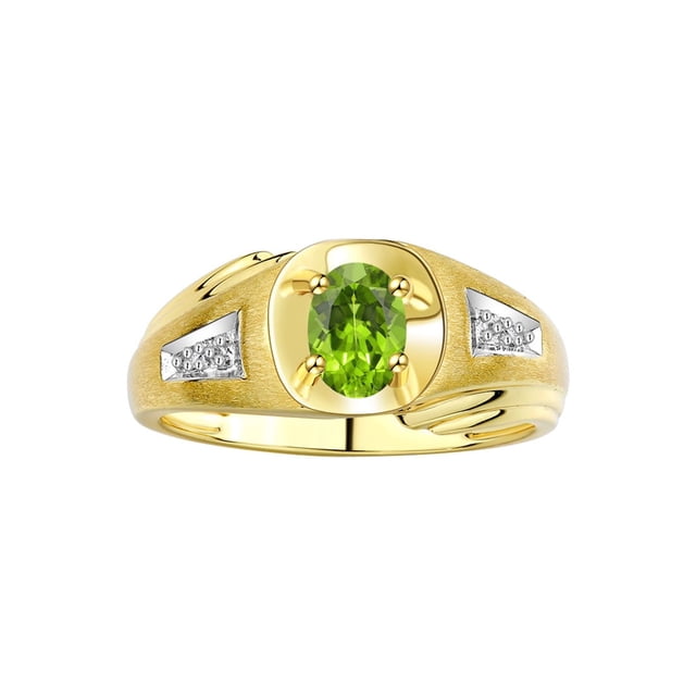 RYLOS Men's Rings 14K Yellow Gold Rings Classic Designer Style 7X5MM Oval Gemstone & Diamond Ring Peridot August Birthstone Rings For Men Size 9