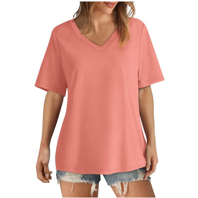 AherBiu Womens Summer Tops Basic V Neck Loose Casual Short Sleeve Solid Color Comfy Daily Tshirts