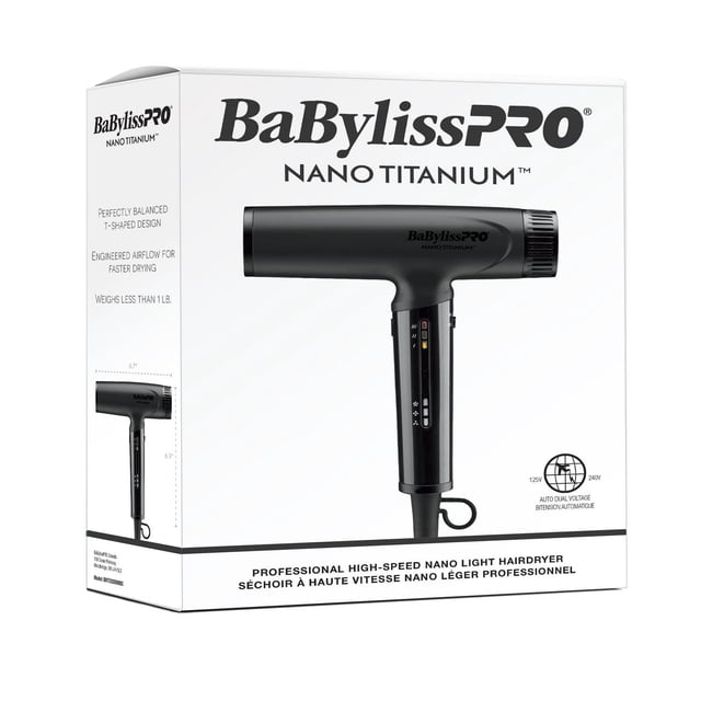 Nano-Titanium High-Speed Nano Light Hairdryer by BaBylissPRO on retail box, showing a black compact T-shaped design with handle controls, lightweight under 1 lb, and auto dual voltage for travel-friendly worldwide use.