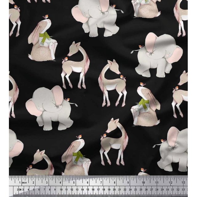 Soimoi Moss Tissu Georgette Cerf, Éléphant et Rabbit Tissu Imprimé pour Enfants 1 Yard 42 Pouces de Large