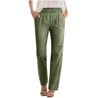 Ohufall Classic Solid Pants for Womens Straight Leg Solid Breathable Pants Comfy Elastic High Waist Casual Slacks