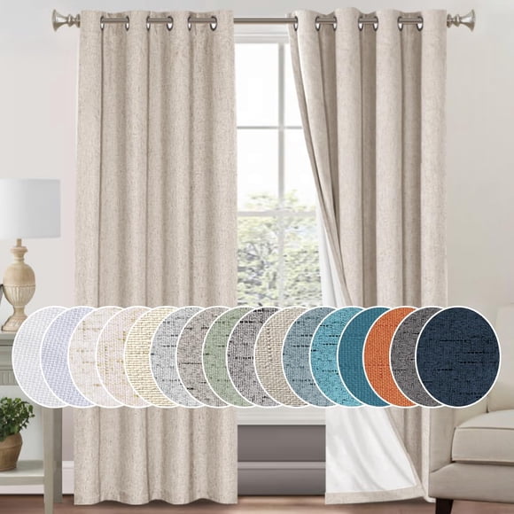 PrinceDeco Natural Linen Curtains 100% Blackout Linen Curtains for Bedroom Full Blackout Curtains 84 Inches Long Living Room Thermal Insulated Light