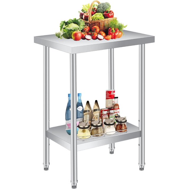 YUSAZENS 201 Stainless Steel Double Layer Storage Table, Mobile Workbench Tool Cart 14*24"+legs