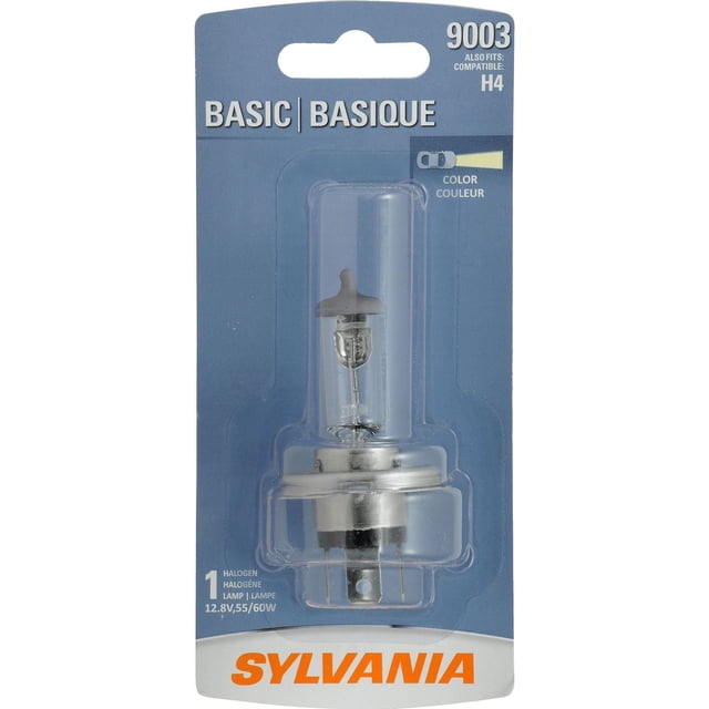 SYLVANIA 9003 Ampoule de Phare Halogène de Base en Emballage Plastique Transparent sur Carte Bleue et Blanche, Montrant une Seule Lampe Halogène 12,8 V 55/60 W compatible avec Prises H4 pour Éclairage Extérieur Automobile, avec logo SYLVANIA orange.
