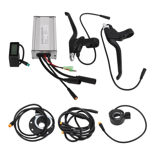 KT 22A Controller Kit, 36V/48V 500W Electric Motor Controller Kit with aluminum alloy waterproof controller, LCD4 display meter, throttle, brake levers, power assist sensor, and wiring components. Suitable for electric bike conversion kits and bike component upgrades.