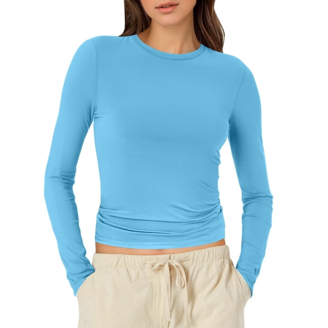 T-Shirts pour Femmes à Manches Longues T-Shirts pour Femmes à Manches Longues Chemise Longue Femme Col Rond Crop Top Chemise pour Femmes en Polyester Spandex Chemise à Manches Longues Femme T-Shirt Basique Uni T-Shirt Femme