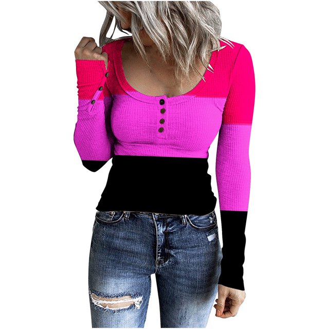 Yuyuzo Hauts en Tricot Côtelé pour Femmes Col Rond Manches Longues Hauts de Sortie Color Block Chemises Serrées