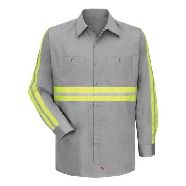 Red Kap Men's Wrinkle Resistant Cotton Work Shirt, Grey with Yellow/Green Visibility Trim, XX-Large Tall