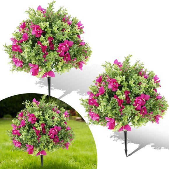 BeesClover Set of 2 2FT Faux Boxwood Ball Trees with Pink Bougainvillea, UV Resistant Shrubs with Ground Stakes for Indoor/Outdoor Decor