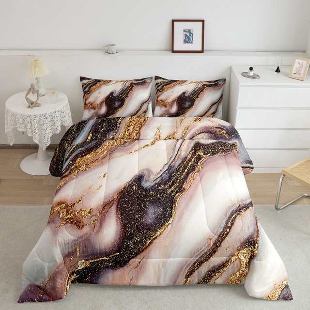 Pink Marble Comforter Set For Girls Adults Bronzing Stone Pattern Quilt Queen Size Gold Glitter Marbling Bedding Set Modern Abstract Art Bedding Comforter Sets