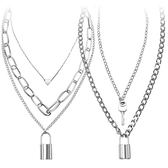 Lock Chain Necklace Punk Chains Statement Lock Key Pendant Necklace Silver Set Eboy Long Multilayer Chains Punk Choker 2 Set