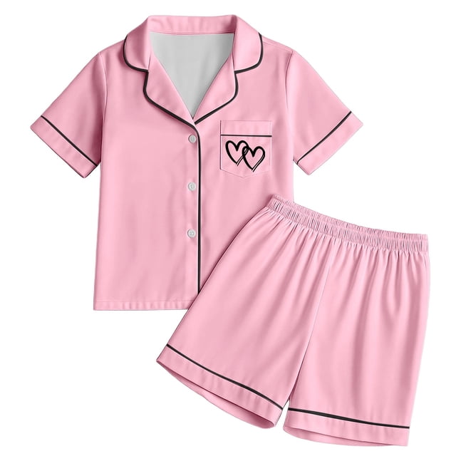 Pyjama pour Filles Ensemble de Pyjama pour Filles Doux à Manches Courtes Tenue d'Intérieur Confortable Ensemble Élégant pour Préadolescentes avec Imprimé de Cœur