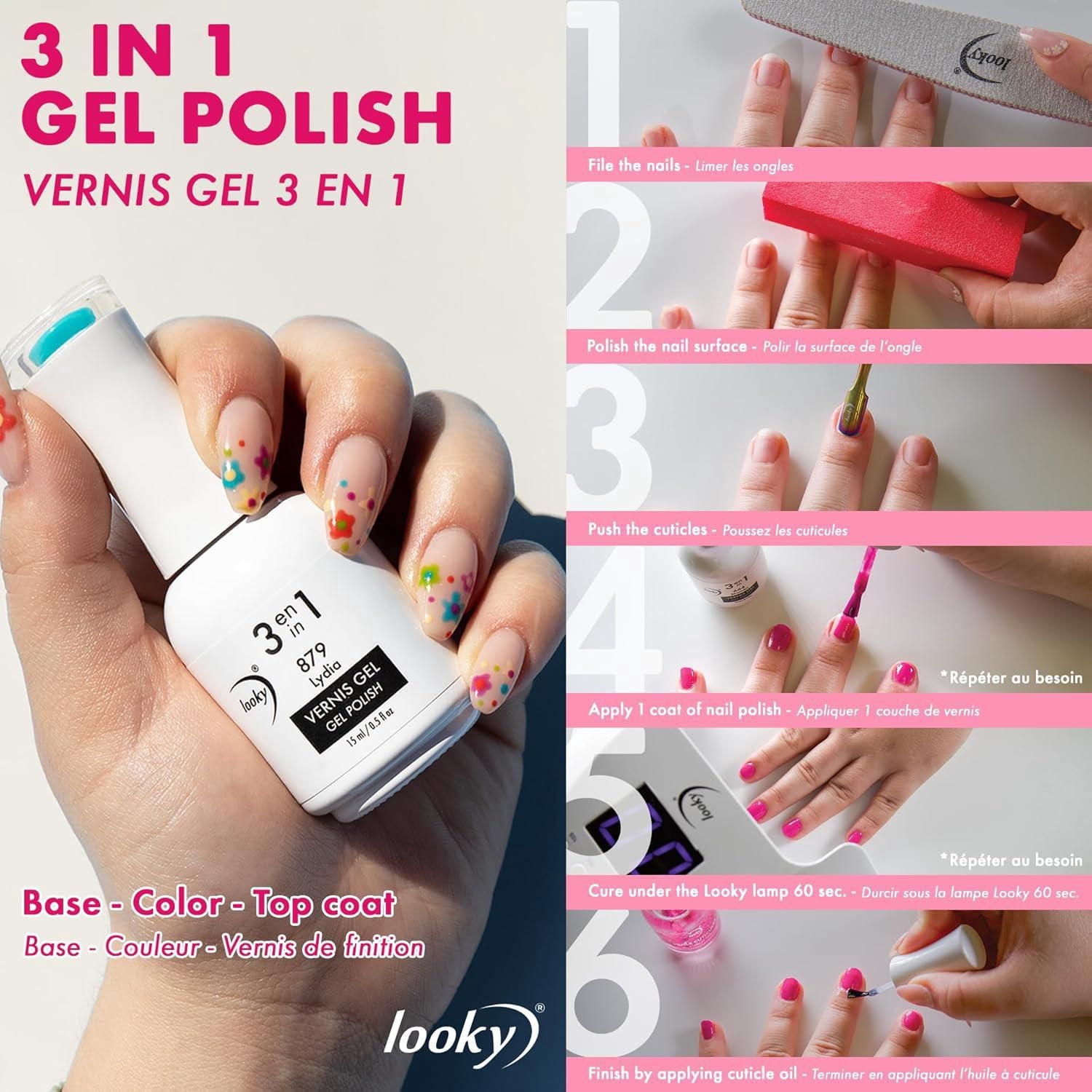Looky Vernis à Ongles Gel 3-en-1 – Base, Couleur et Finition, 15 ml, Longue Tenue, Catalyse UV/LED, 16+ Teintes