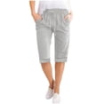 thumbnail image 1 of Summer Clearance 2025! Womens Plus Size Pants,Women Solid Color High Waisted Elastic Drawstring With Pocket Cotton And Linen Five Quarter Pants, 1 of 5