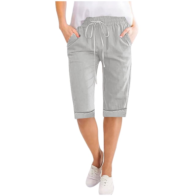 Summer Clearance 2025! Womens Plus Size Pants,Women Solid Color High Waisted Elastic Drawstring With Pocket Cotton And Linen Five Quarter Pants