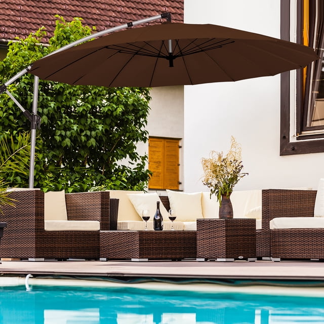 Costway Parasol Déporté de Patio 10 Pi avec Manivelle et Base en Croix en Aluminium Beige