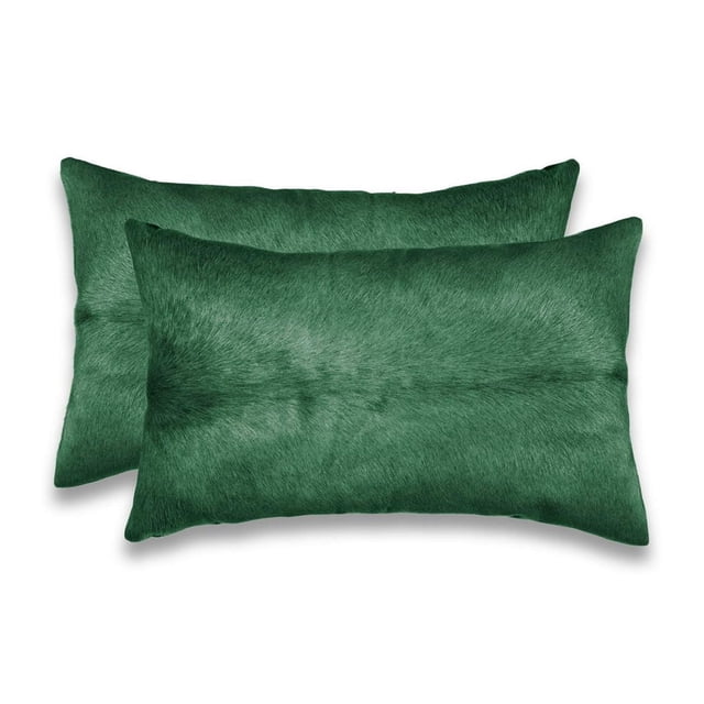 TORINO COWHIDE PILLOW 12"X20" 2-PACK with two deep green rectangular throw pillows made from 100% natural Indian cowhide featuring soft hair texture, hand-stitched edges, and hidden zipper closures, ideal for layering in home décor and suitable for accenting multiple seating areas.