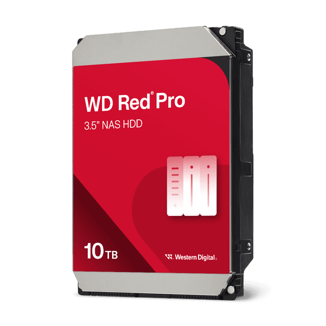 Western Digital 10TB WD Red Pro NAS SATA HDD, a 3.5-inch internal hard drive with 7200 RPM and 512MB cache, optimized for RAID systems with unlimited bays. Features a red label with branding and capacity details, ideal for enterprise NAS environments handling 550TB/year workloads.