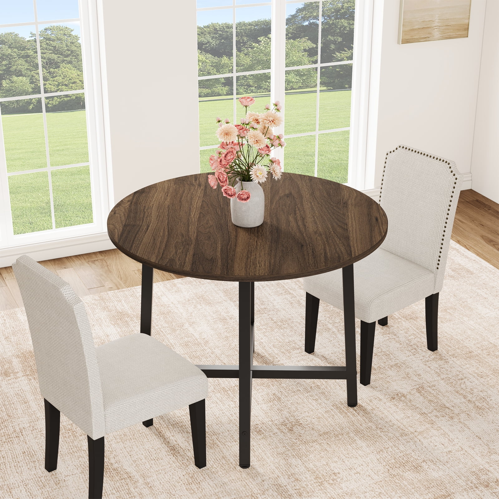31.5" Round Dining Table for 4-6, Kitchen Dining Room Table with Sturdy Metal Frame, Wood Circle Kitchen Table for Space Saving - Walnut (No Chairs)