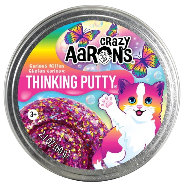 Crazy Aaron's 3.5" Putty-Curious Kitten tin containing 2.1 oz (60 g) of glitter-infused thinking putty, featuring a cartoon kitten with a raised paw, colorful butterflies, and bubbles on a vibrant background.