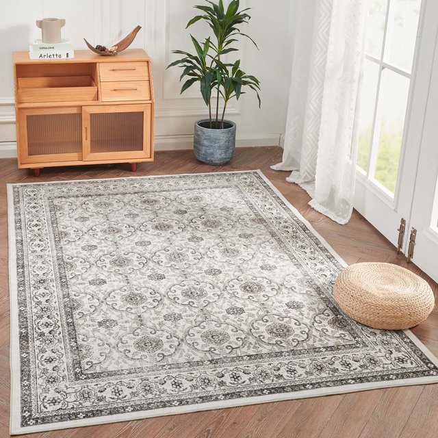 Rugking Area Rug 6X9 Persian Rug Vintage Indoor Thin Rug Soft Door Mat Taupe Print Overdyed Boho Retro Cover for Farmhouse Washable Kitchen Bedroom