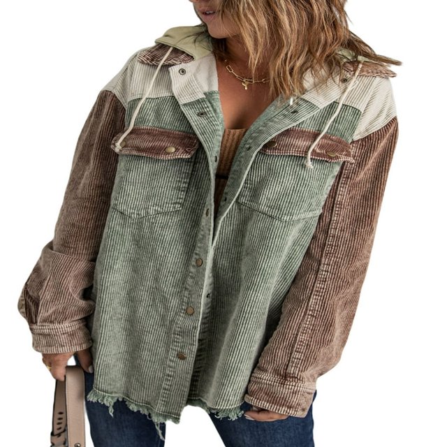 Womens Corduroy Shacket Jacket Long Sleeve Button Down Color Block Hooded Coat with Pockets