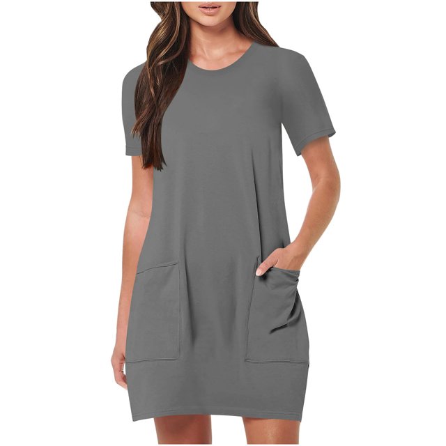 Timegard Robes de Maison pour Femmes Col Ras du Cou Manches Courtes Coupe Ajustée Couleur Unie Décontractée Confortable Robe Poches