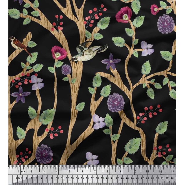 Soimoi Satin Silk Fabric Dry Tree,Leaves & Flower Panel Printed Fabric 1 Yard 42 Inch Wide