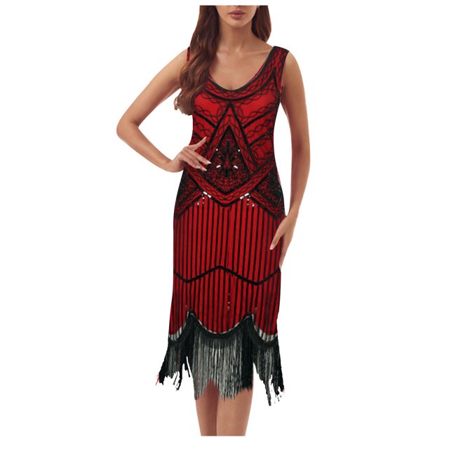Birdeem Robe pour Femmes de Printemps et d'Été à Col Rond Sans Manches avec Paillettes et Franges en Forme de Boule, Robe de Fête, Banquet, Danse, Robe Courte
