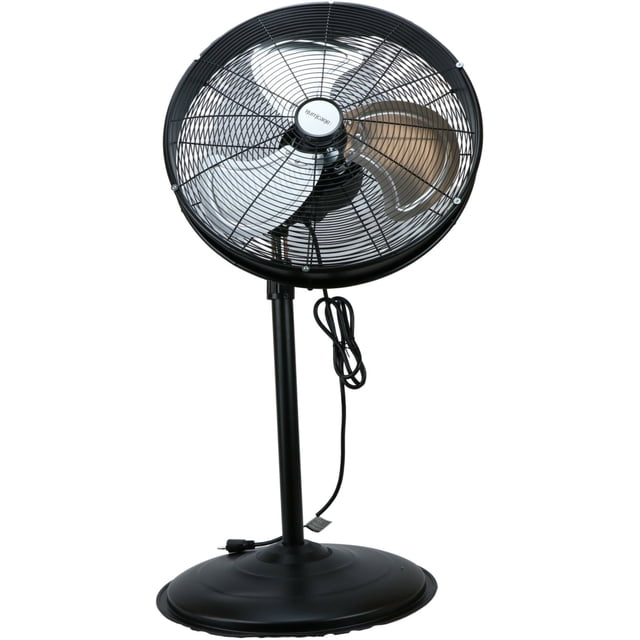 Hurricane Pro Series 20 Inch High Velocity Oscillating Pedestal Fan in black with a sturdy all-metal construction and aluminum blades. Features an adjustable height from 39 to 54 inches, 3-speed settings, and an oscillating design for optimal airflow. Ideal for large spaces like homes, garages, and workshops. Includes a 6-foot power cord for easy use.