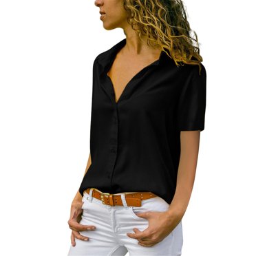 EQWLJWE Short Sleeve Shirts for Women Fashion Casual Loose Fit Button Down Cuffed Lightweight V Neck Collared Blouse Clearance