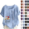 thumbnail image 1 of QATAINLAV T-Shirts à Manches Courtes pour Femmes Mode T-Shirts à Imprimé Papillon Hauts Décontractés Coupe Ample Col Rond Blouse en Lin Tenues d'Été de Plage Soldes du Jour Bleu Clair TTTTG, 1 of 5